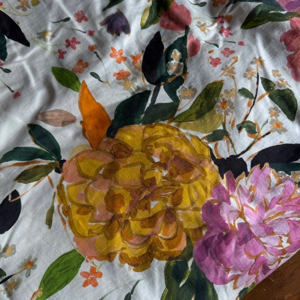 Anthropologie Sora Organic Sateen Duvet Cover Queen Floral Pink Yellow White